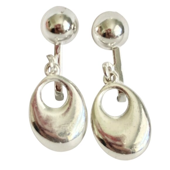 Vintage Clip On Earrings Silver Plated Dangle Oval Drop Minimalist Door Knocker - Picture 1 of 10